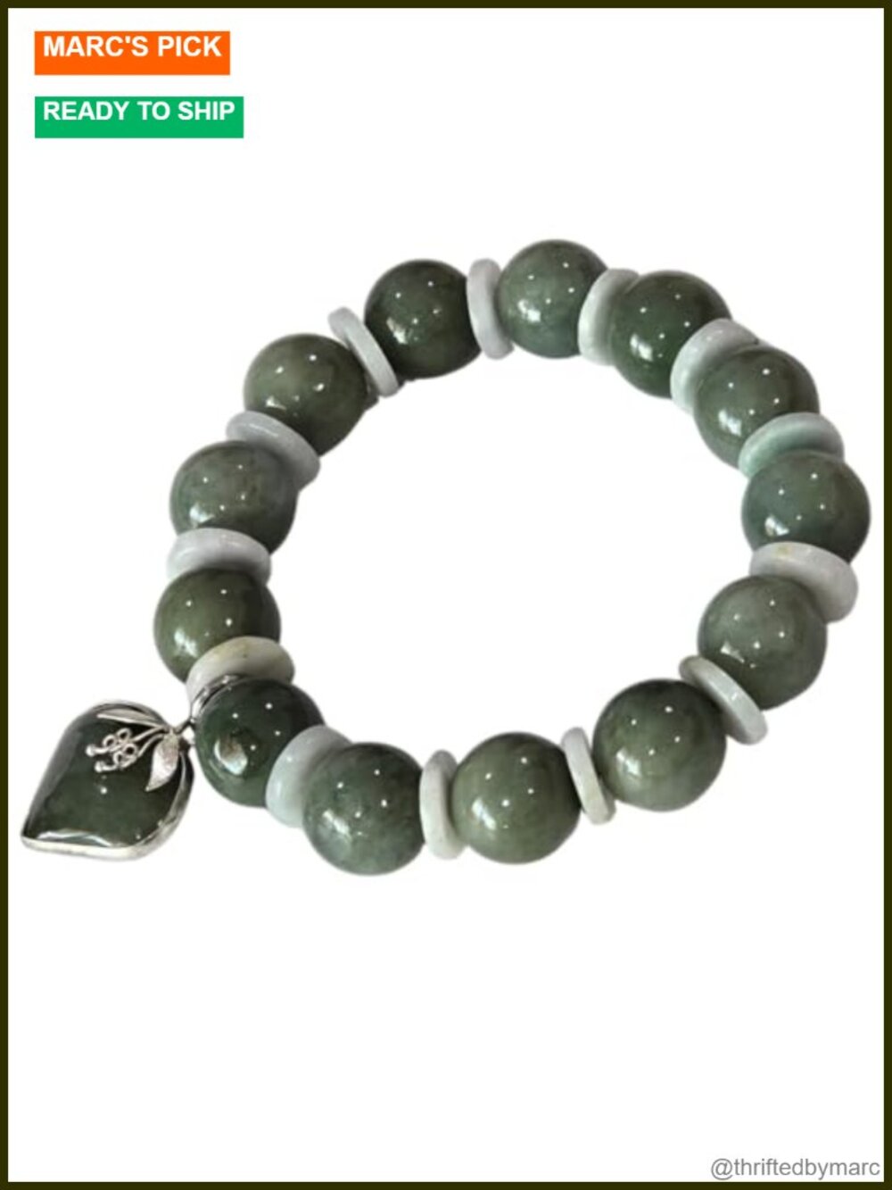 Natural Green Jade Beaded Bracelet Silver-Toned Heart Pendant Stretch Feng Shui